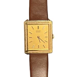 Vintage Seiko 14K Gold Vermeil Square Face Leather Wrist Watch